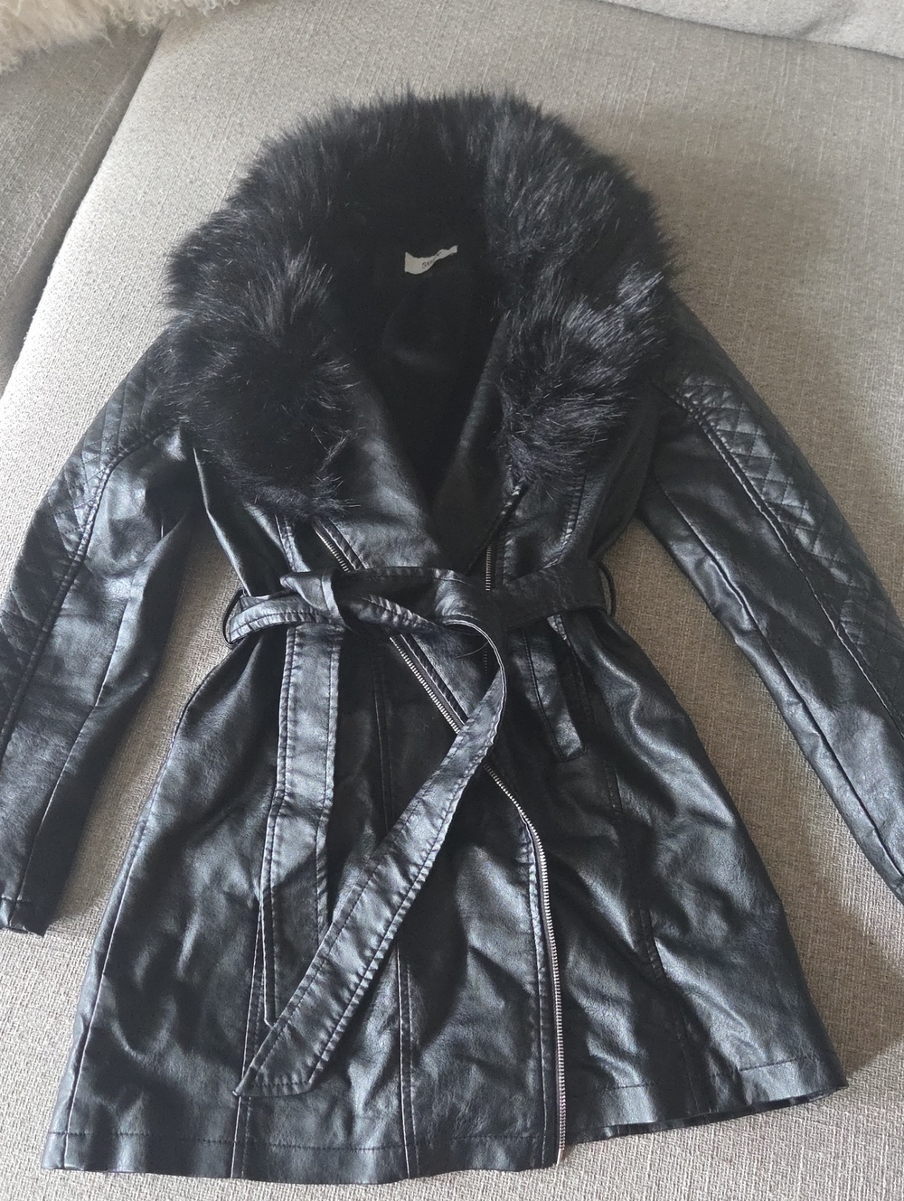 Suzy Shier Black Faux Leather Belted Coat with Fur Collar